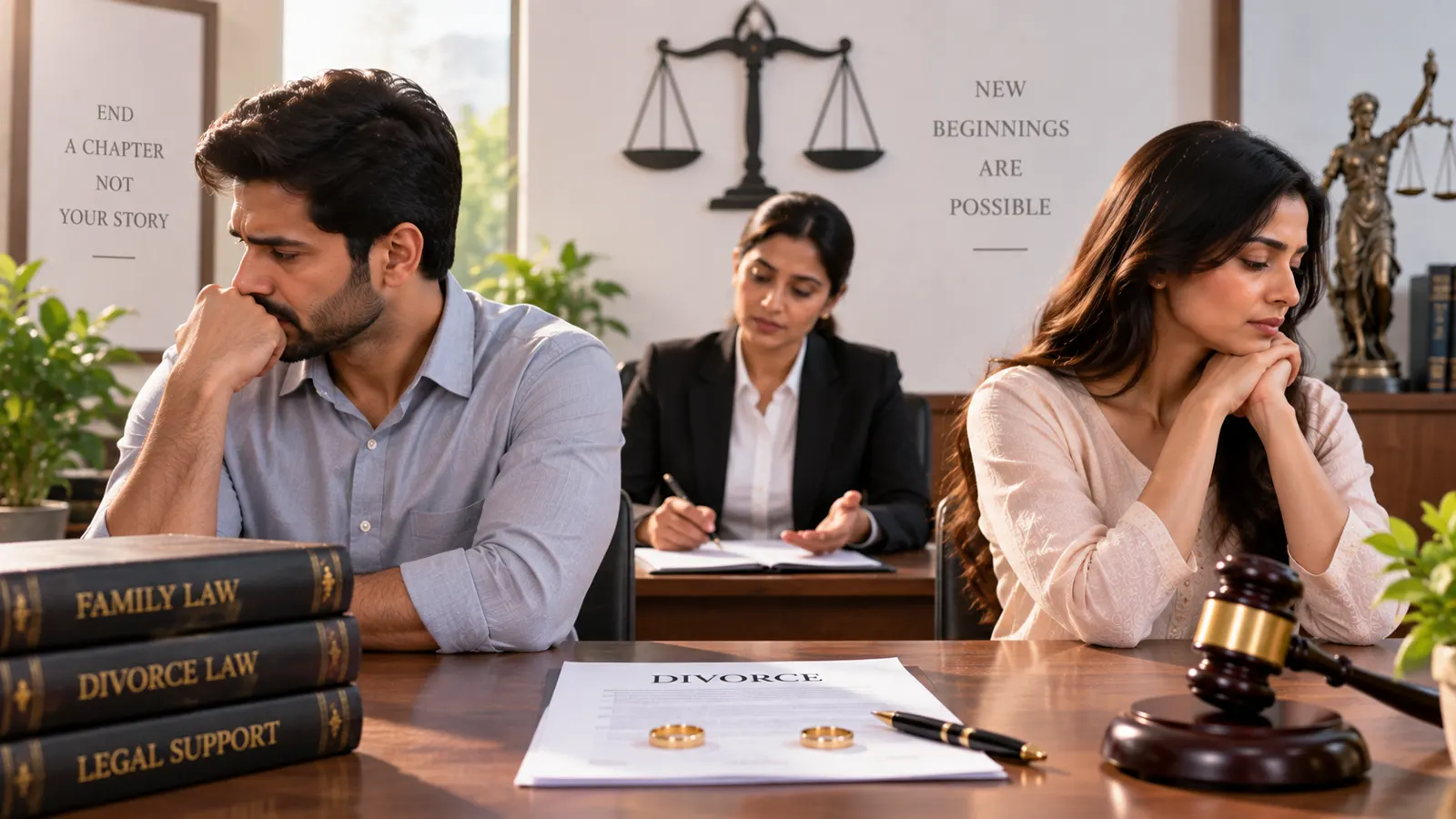 Couple seated apart at a lawyer's table during contested divorce proceedings